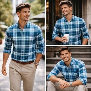 NWT Eddie‎ Bauer Mens Blue Plaid Long Sleeve Button Down Shirt Large